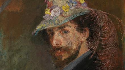 Selbstporträt James Ensors mit Blumenhut aus dem Jahr 1883.