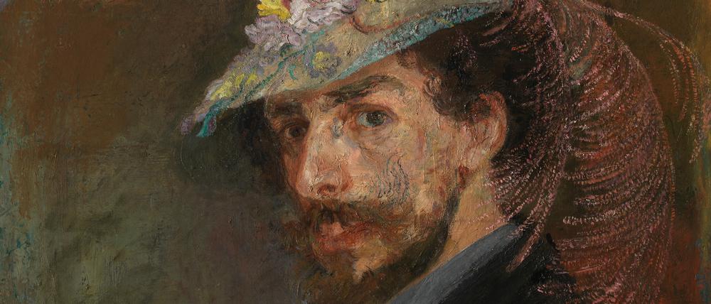 Selbstporträt James Ensors mit Blumenhut aus dem Jahr 1883.
