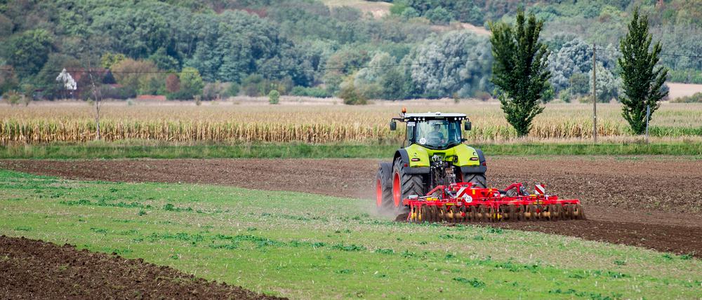 Ein Landwirt pflügt mit seinem Traktor am 16.09.2015 einen Acker im Oderbruch nahe Reitwein (Brandenburg). Brandenburgs Ackerbauern nutzen derzeit die gute Herbstwitterung für die Herbstbestellung und die Aussaat von Wintergetreide. Foto: Patrick Pleul/dpa +++(c) ZB-FUNKREGIO OST - Honorarfrei nur für Bezieher des ZB-Regiodienstes+++ | Verwendung weltweit