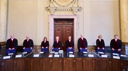 Die Richterinnen und Richter des Verfassungsgerichtshofes, Sönke Hilbrans (l-r), Jürgen Kipp, Sabrina Schönrock, Ludgera Selting (Präsidentin), Robert Wolfgang Seegmüller, Ahmet Kurt Alagün, Margarete Gräfin von Galen und Christian Burholt im Verfassungsgericht. 