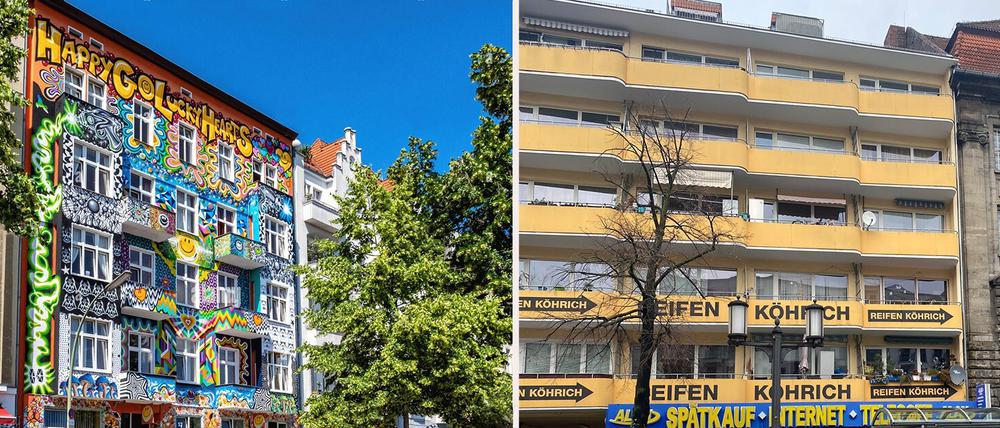Linkes Gebäude verunstaltet angeblich das Ortsbild mit buntem Anstrich, rechtes ist dagegen akzeptabel? Eine Kunstaktion stellt das in Frage.