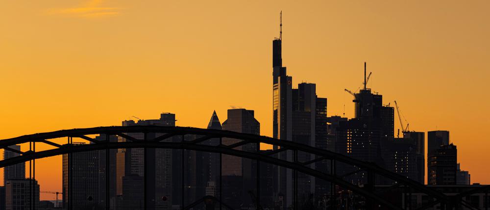 Die Frankfurter Skyline am Abend Wildgänse fliegen am Abend über die Frankfurter Bankenskyline hinweg.