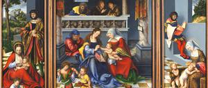 Jesus und seine Verwandtschaft. Im Vordergrund die Frauen mit ihren lebhaften Kindern, die Männer üben sich in Zurückhaltung. Die „Heilige Sippe“ auf dem Torgauer Altar von Lucas Cranach d.Ä., 1509. 