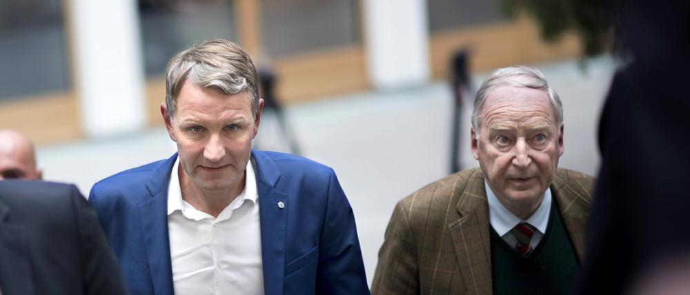 Alexander Gauland (re.) war von 2017 bis 2019 einer von zwei AfD-Bundessprechern, Björn Höcke (li.) ist seit 2014 Fraktionsvorsitzender des AfD-Landesverbands Thüringen.