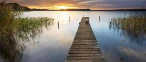  Sonnenuntergang am Großen Lychensee, Holzsteg im Schilf, Lychen, Brandenburg, Deutschland, Europa *** Sunset at the Großer Lychensee, wooden footbridge in the reeds, Lychen, Brandenburg, Germany, Europe Copyright: imageBROKER/AndreasxVitting iblavi07191577.jpg Bitte beachten Sie die gesetzlichen Bestimmungen des deutschen Urheberrechtes hinsichtlich der Namensnennung des Fotografen im direkten Umfeld der Veröffentlichung!