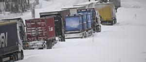 Zahlreiche Lastwagen stecken am 4. Januar 2024 auf der Europastraße 22 bei Linderöd in Südschweden fest. 