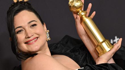 US actress Lily Gladstone poses with the award for Best Performance by a Female Actor in a Motion Picture - Drama for "Killers of the Flower Moon" in the press room during the 81st annual Golden Globe Awards at The Beverly Hilton hotel in Beverly Hills, California, on January 7, 2024. (Photo by Robyn BECK / AFP)