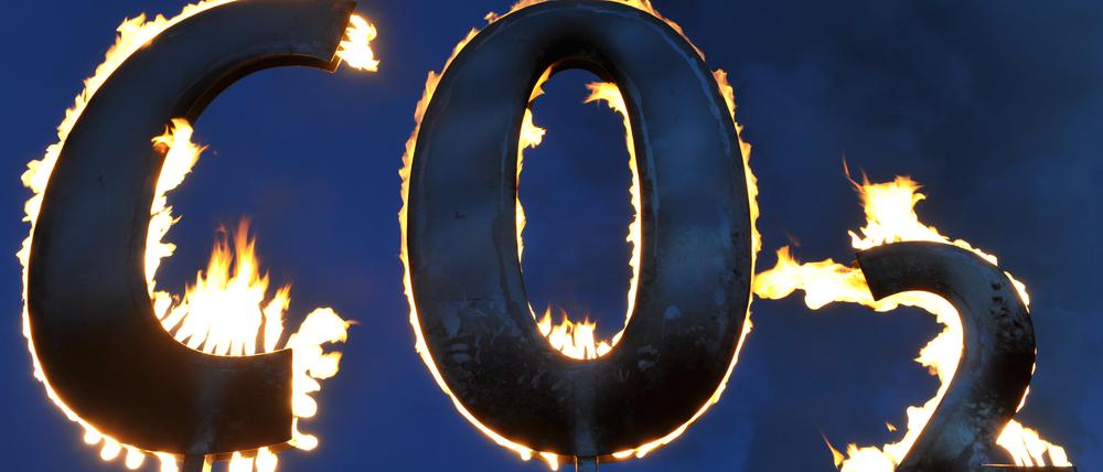 Ein mit Gas gespeister Schriftzug „CO2“ brennt nahe dem Hanauer Kohlekraftwerk Staudinger während einer Aktion der Umweltschutzorganisation Greenpeace (2008).