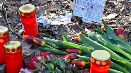 08.01.2024, Brandenburg, Wilmersdorf: An der Stelle eines Unfalls mit zwei Toten an einer Straße im Wald sind Kerzen, Blumen, ein Holzkreuz und eine kleine Zeichnung mit der Aufschrift «Oma, Opa» zu sehen. Bei den zwei Toten eines Verkehrsunfalls vom vergangenen Dienstag (02.01.2024) bei Briesen (Oder-Spree) handelt es sich um einen Brandenburger Künstler und seine Frau. Das bestätigte ein Sprecher des Brandenburgischen Landesmuseums für Moderne Kunst am Montag der Deutschen Presse-Agentur. Foto: Patrick Pleul/dpa +++ dpa-Bildfunk +++