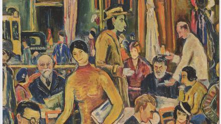 Gästegalerie. Auf dem Gemälde von Ulrich Neujahr sind zu sehen: der Maler und Schriftsteller John Höxter in der Mitte, mit Hut und Zigarette, der bärtige Maler Max Slevogt, rechts daneben, und Ulrich Neujahr selbst, am Tisch rechts mit Pfeife.