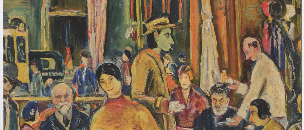 Gästegalerie. Auf dem Gemälde von Ulrich Neujahr sind zu sehen: der Maler und Schriftsteller John Höxter in der Mitte, mit Hut und Zigarette, der bärtige Maler Max Slevogt, rechts daneben, und Ulrich Neujahr selbst, am Tisch rechts mit Pfeife.