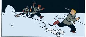 Eine kolorierte Szene aus „Tim im Lande der Sowjets“.