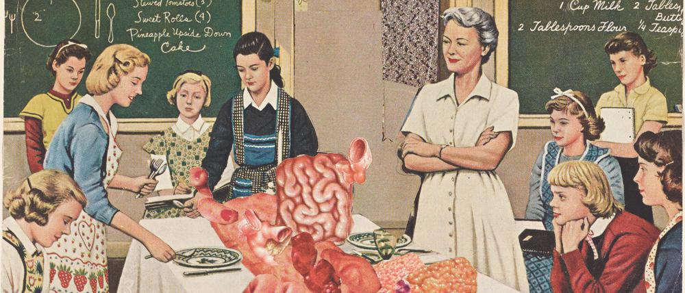 Grosz verwurstet, was auf den Tisch kommt: „Cookery Class“, 1958, Collage