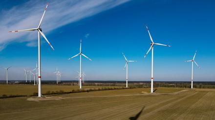 Der Windpark «Albertshof» der Berliner Stadtwerke (Luftaufnahme mit einer Drohne). 