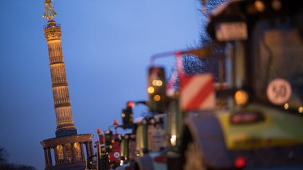 Traktoren stehen vor der angekündigten Großdemonstration des Deutschen Bauernverbandes am Brandenburger Tor auf der Straße des 17. Juni. Vor der geplanten Großkundgebung der Landwirte an diesem Montag haben sich am Wochenende bereits zahlreiche Bauern mit ihren Traktoren in Berlin positioniert. Landwirte waren mit ihren Fahrzeugen am Sonntag in Berlin und Brandenburg unterwegs. 