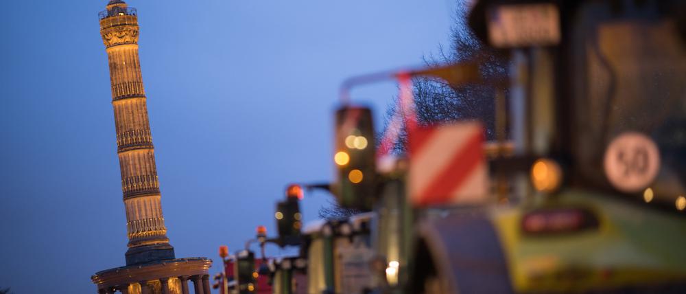 Traktoren stehen vor der angekündigten Großdemonstration des Deutschen Bauernverbandes am Brandenburger Tor auf der Straße des 17. Juni. Vor der geplanten Großkundgebung der Landwirte an diesem Montag haben sich am Wochenende bereits zahlreiche Bauern mit ihren Traktoren in Berlin positioniert. Landwirte waren mit ihren Fahrzeugen am Sonntag in Berlin und Brandenburg unterwegs.