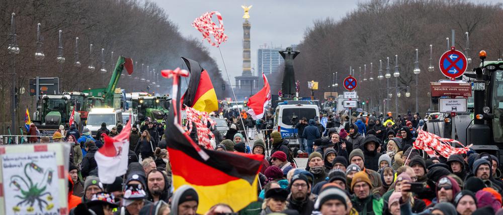 Teilnehmer der durch die Interessenvertretung ·Freie Bauern· angemeldeten Kundgebung stehen mit Schildern und Flaggen auf der Straße des 17. Juni vor dem Brandenburger Tor.