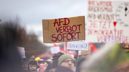 Tausende Menschen demonstrierten im Januar vor dem Brandenburger Tor gegen Rechts und die AfD. Die Spitze der Unionsfraktion hält ein Verbotsverfahren für nicht zielführend.
