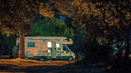 So geht’s vielleicht: gut verstecktes Wohnmobil im Wald.