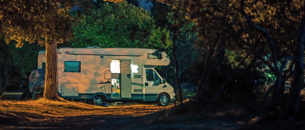 So geht’s vielleicht: gut verstecktes Wohnmobil im Wald.