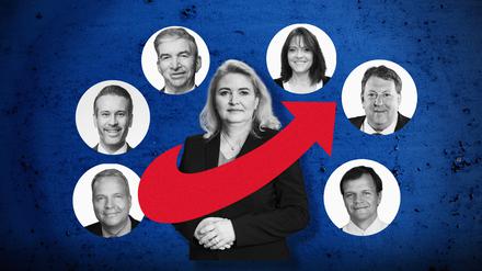 Landeschefin Kristin Brinker (Mitte) wird in Fraktions- und Landesvorstand umringt von einstigen Anhängern des rechtsextremen „Flügels“ der Partei: Sebastian Maack (v.l.), Thorsten Weiß, Rolf Wiedenhaupt, Jeannette Auricht, Gunnar Lindemann und Falk Rodig.