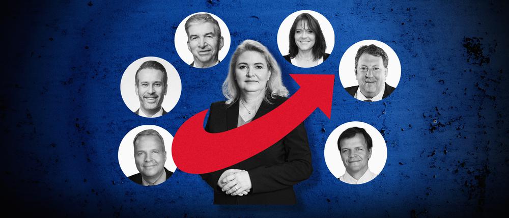 Landeschefin Kristin Brinker (Mitte) wird in Fraktions- und Landesvorstand umringt von einstigen Anhängern des rechtsextremen „Flügels“ der Partei: Sebastian Maack (v.l.), Thorsten Weiß, Rolf Wiedenhaupt, Jeannette Auricht, Gunnar Lindemann und Falk Rodig.