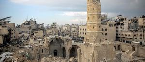 Gaza City’s Omari Mosque, the oldest mosque in Gaza, damaged in Israeli bombardment during the ongoing battles between Israel and the Palestinian Hamas movement.