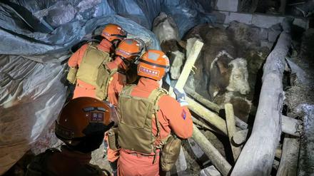 Rettungskräfte durchsuchen ein von einem Erdbeben betroffenes Gebiet in der Gemeinde Yamansu im Kreis Wushi der Präfektur Aksu in der nordwestchinesischen autonomen Region Xinjiang Uygur.