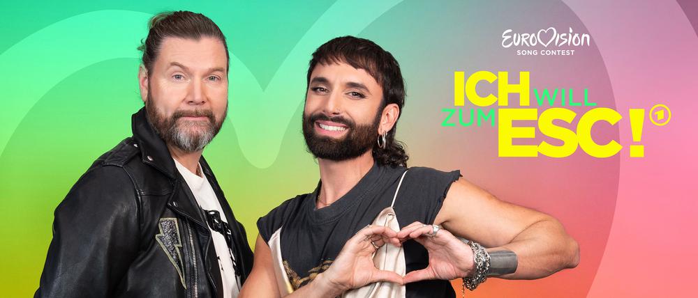 Rea Garvey (l.) und Conchita Wurst in der Kulisse von „Ich will zum ESC!“