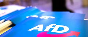 ARCHIV - 24.11.2018, Bayern, Greding: Fähnchen mit dem Logo der AfD liegen auf einem Tisch. Das Deutsche Institut für Menschenrechte (DIMR) sieht die Voraussetzungen für ein Verbot der AfD als erfüllt an. (zu dpa: «Politikforscher warnt vor Blamage bei Scheitern von AfD-Verbot») Foto: Daniel Karmann/dpa +++ dpa-Bildfunk +++