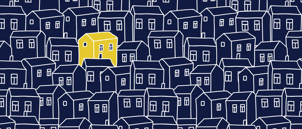 Cute cartoon pattern with houses. Seamless vector background.