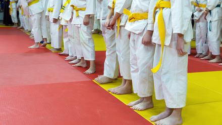 Children in kimono standing on tatami on martial arts training