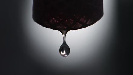 Grundwasser tropft aus einem Schlauch, der per Pumpe an einen Grundwasserbrunnnen angeschlossen ist. Weltweit sinken die Grundwasserstände, wie eine aktuelle Studie in der „Nature“ zeigt.