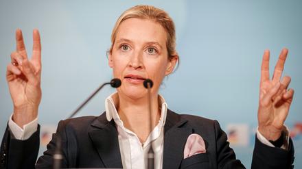 Alice Weidel, AfD-Bundesvorsitzende und Fraktionsvorsitzende der AfD, gibt zu Beginn der Fraktionssitzung ihrer Partei ein Pressestatement. Ihre Doktorarbeit war nach Plagiatsvorwürfen geprüft worden.