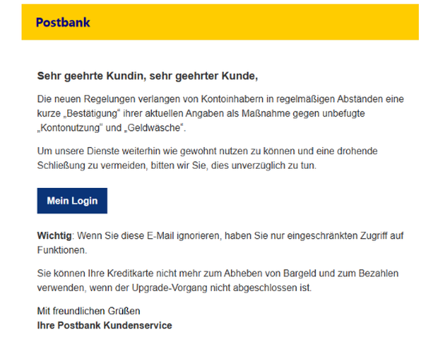 Ein Phishing-Versuch mit der Postbank als vermeintlichem Absender