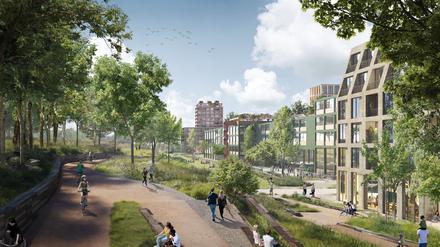 So soll das Stadtquartier auf dem ehemaligen Güterbahnhof in Köpenick aussehen.