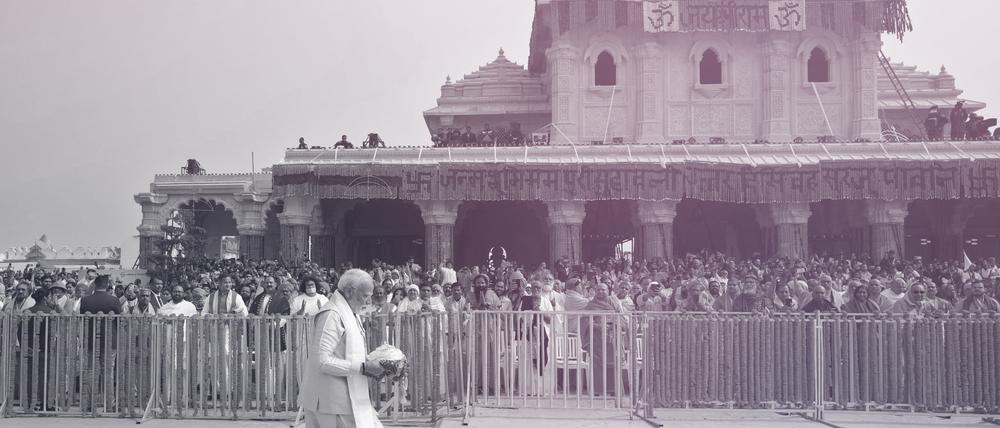 Indiens Premierminister Narendra Modi vor dem neu eröffneten Ram-Tempel, der auf einer von hinduistischen Extremisten zerstörten Moschee errichtet worden ist.