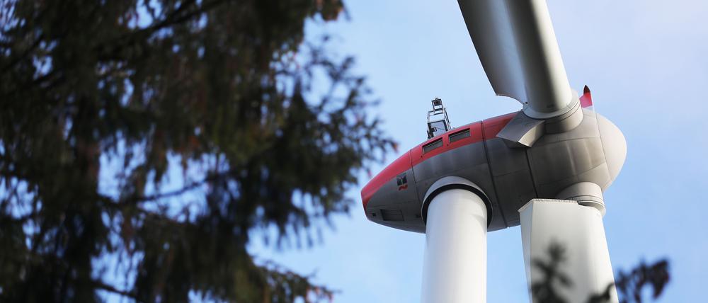Ein Windrad steht im Wald Peterberg bei Vossenack hinter Bäumen. Der Bau Windrädern in Wäldern ist in NRW umstritten.