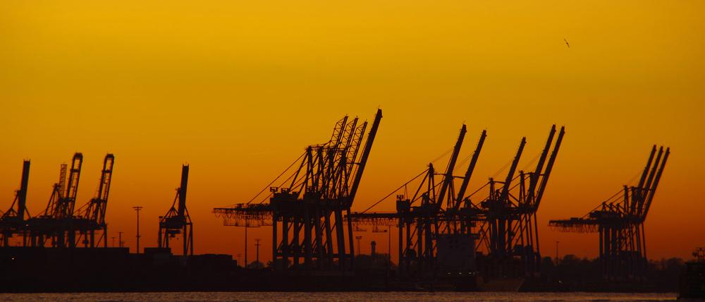 Containerbrücken im Hamburger Hafen bei Sonnenuntergang.