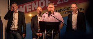 Björn Höcke , Andreas Kalbitz , Lars Hünich , Jörg Urban , AfD Wahlkampfabschluss zum Brandenburger Landtag , 30.8.2019 , Kirchplatz Königs Wusterhausen *** Björn Höcke , Andreas Kalbitz , Lars Hünich , Jörg Urban , AfD Election Campaign Conclusion to the Brandenburg Parliament , 30 8 2019 , Church Square Königs Wusterhausen  