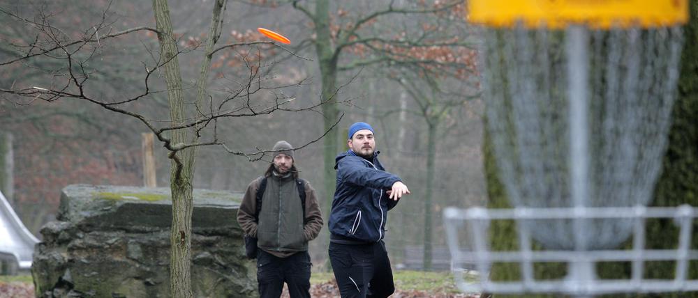 Wer zielt am besten in die Körbe? Nico Marten aus Ludwigsfelde und Felix Unterberg aus Seeburg, zwei von 35 Teilnehmern am Disc-Golf im Volkspark Potsdam.