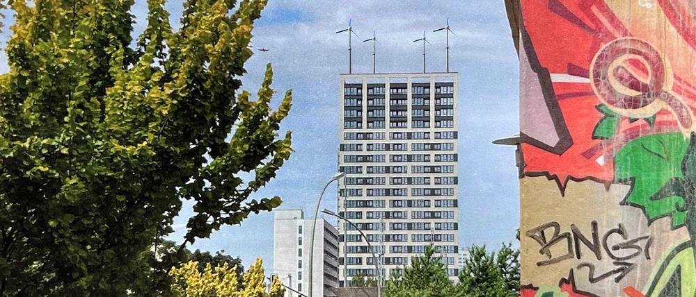Das Wohnhaushaus „Liese“ an der Frankfurter Allee in Lichtenberg, gesehen mit den Augen der Architekten Baumschlager Eberle. Die Fundamente für die Windanlagen stehen, die Masten mit den Propellern stehen nicht.
