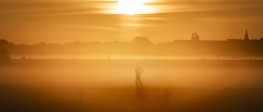 Ein Jogger, aufgenommen beim Nebel am Morgen auf dem Tempelhofer Feld in Berlin. Hier joggt unsere Autorin heute auch regelmäßig.
