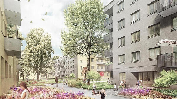 So sollen die nachverdichteten Gesobau-Innenhöfe in der Kavalierstraße am Schlosspark Schönhausen aussehen.