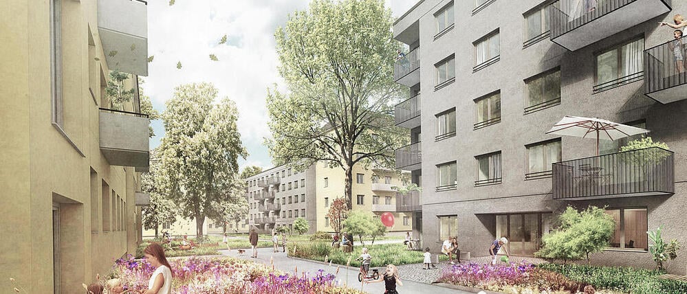 So sollen die nachverdichteten Gesobau-Innenhöfe in der Kavalierstraße am Schlosspark Schönhausen aussehen.