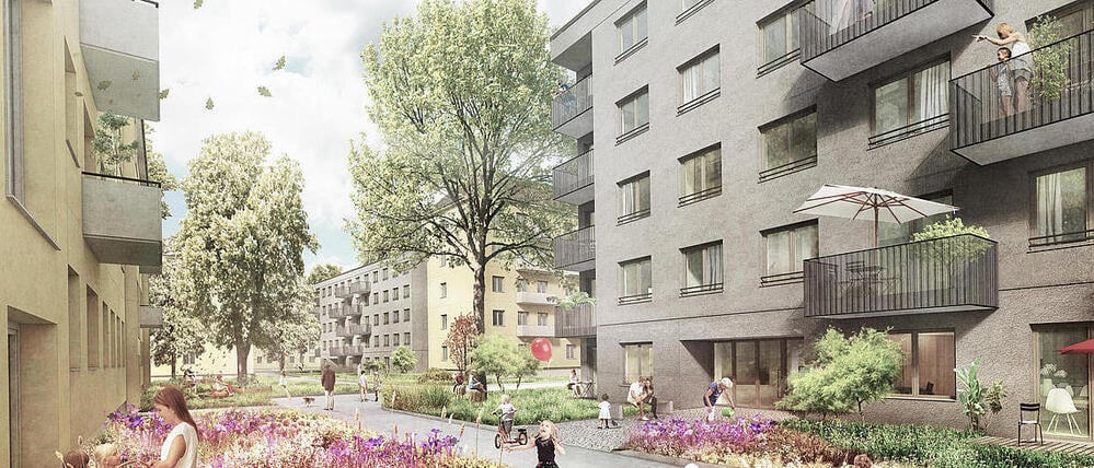 So sollen die nachverdichteten Gesobau-Innenhöfe in der Kavalierstraße am Schlosspark Schönhausen aussehen.