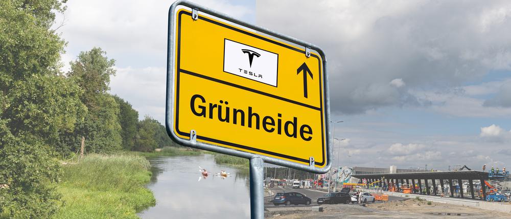 Ein Ortsschild von Grünheide mit einem Wegweiser zu Tesla (Montage).