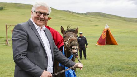 Bundesaußenminister Frank-Walter Steinmeier, SPD, bekommt 2014 während einer Mini-Naadam-Vorführung im Chinggis Khuree Camp nahe Ulan Bator ein Pferd mit dem Namen „Donnernde Hufe“ geschenkt.