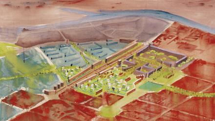 „Heinrich-Heine-Straße, Berlin, 1993“, Öl auf Leinwand, eine Architekturzeichnung des Büros Sauerbruch Hutton.