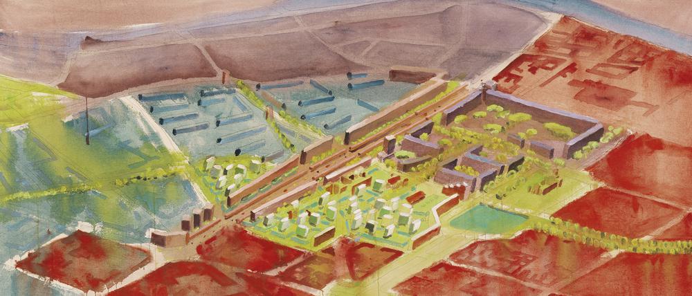 „Heinrich-Heine-Straße, Berlin, 1993“, Öl auf Leinwand, eine Architekturzeichnung des Büros Sauerbruch Hutton.